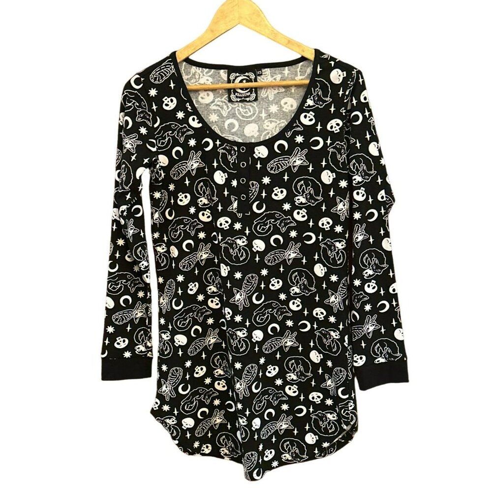 Killstar Black White Halloween Print Long Sleeve Button-Up Night Shirt Size XS